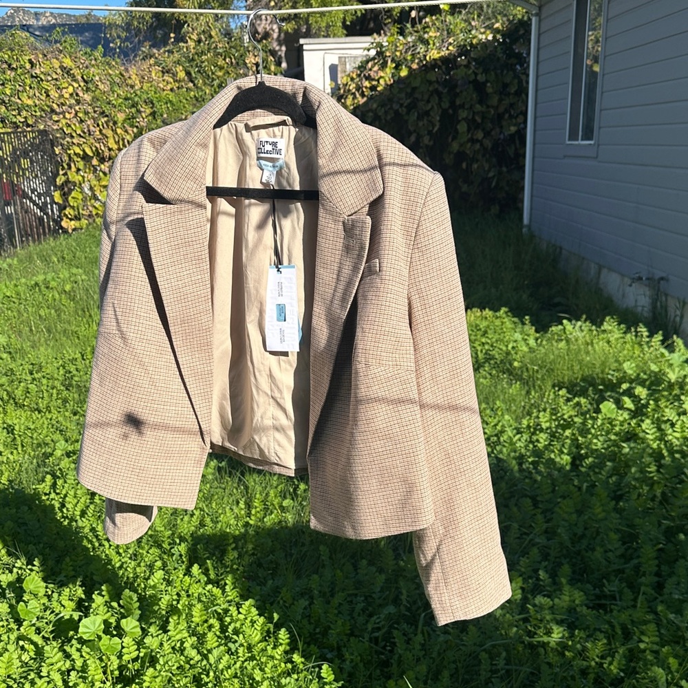 Stylish Checkered Tan Blazer by Reese Blutstein for Future Collective